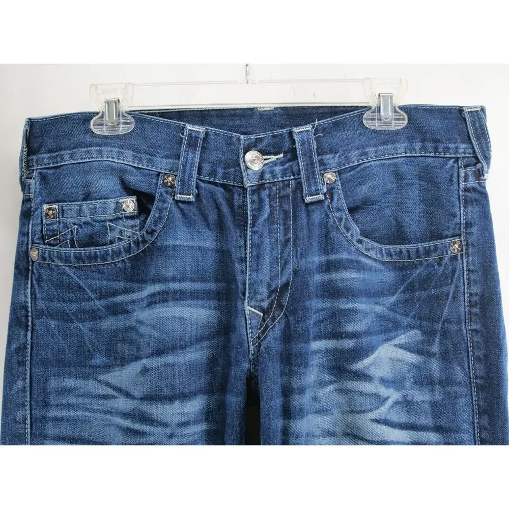 True Religion Straight Nat Jeans Men 33x34 MMD800TS Blue Thick Stitch Faded Wash